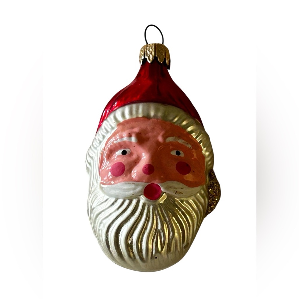 Vintage Santa Claus Head Glass Ornament - Red and White